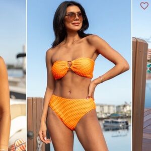 Pink Lily Current Events Orange Textured Ring Top & Bikini Bottom Set New